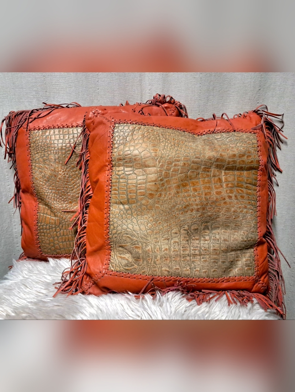 Vintage 16" Leather And Crocodile Embossed Accent Pillows With Fringe